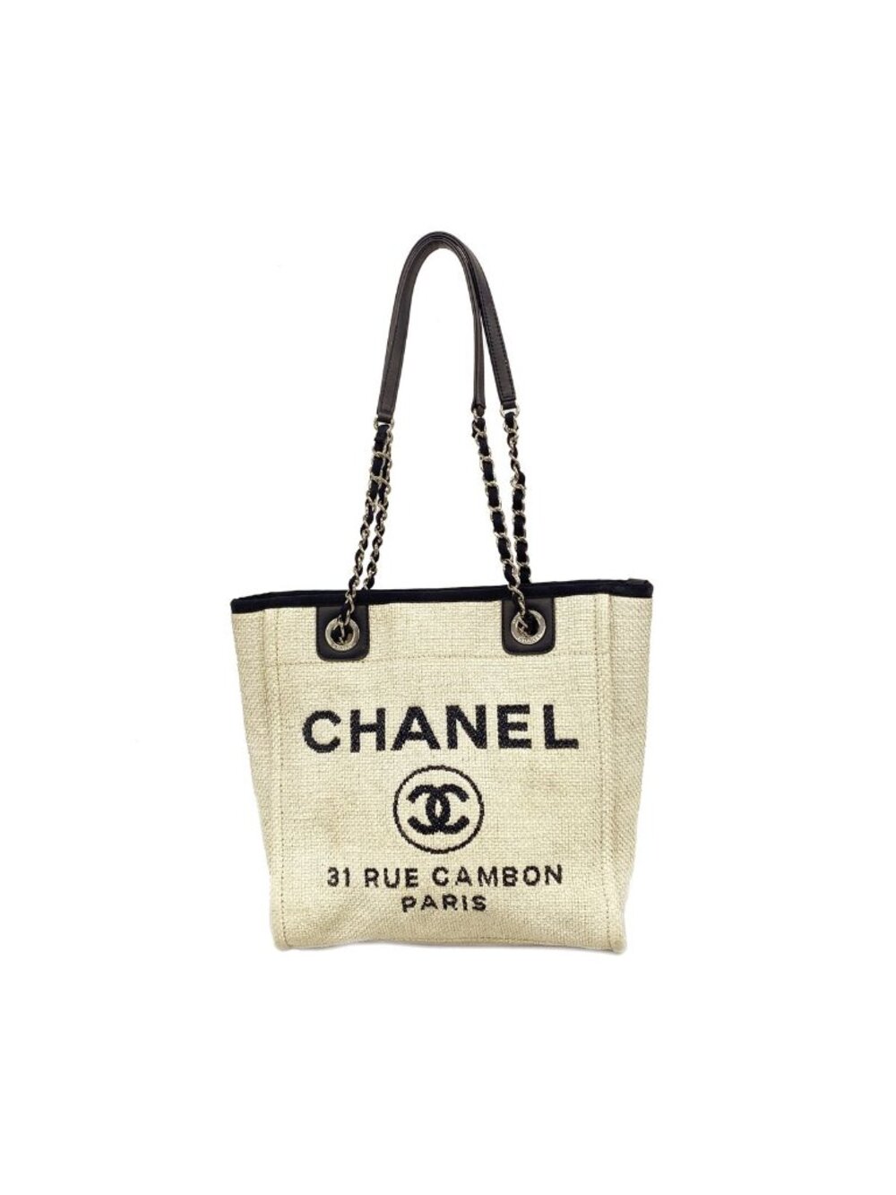Chanel Chain Tote Bag Deauville Raffia Ivory Navy Silver